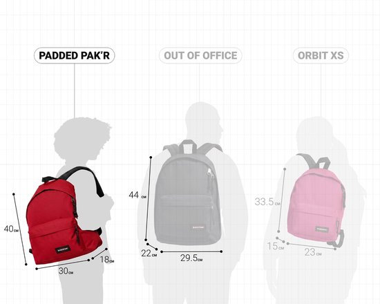 Rode Padded Pak'R rugzak naast een roze Orbit XS rugzak, met afmetingen.