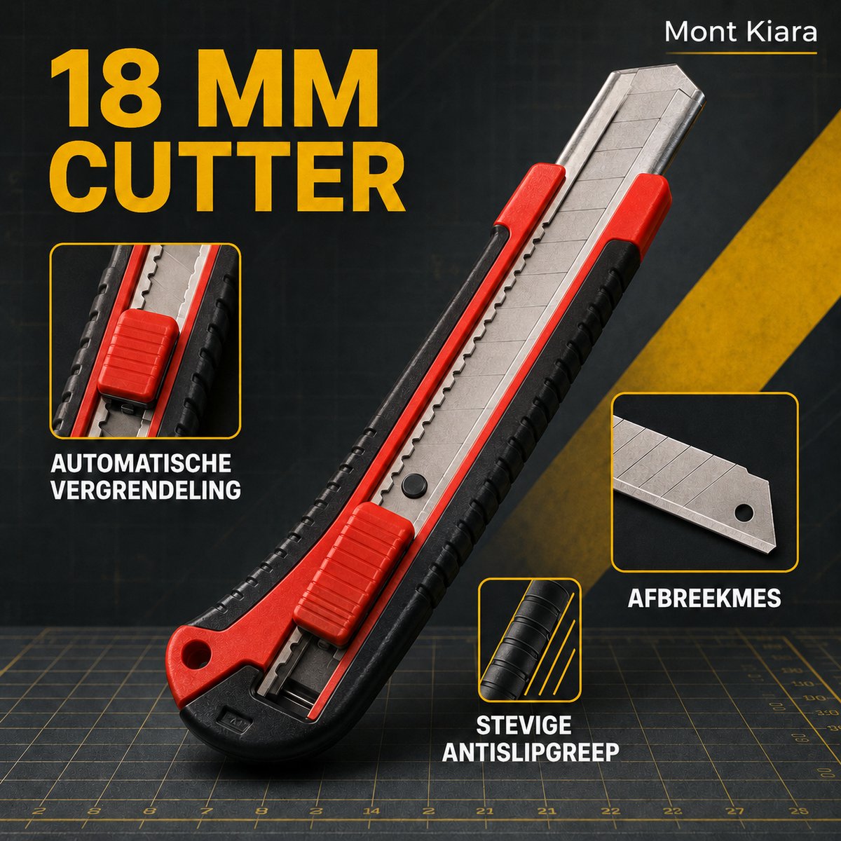 Mont Kiara Afbreekmes 18 mm – Professioneel Stanleymes met Automatische Vergrendeling – Antislip Handgreep – Cuttermes voor Karton, Tapijt, Folie en Kluswerk