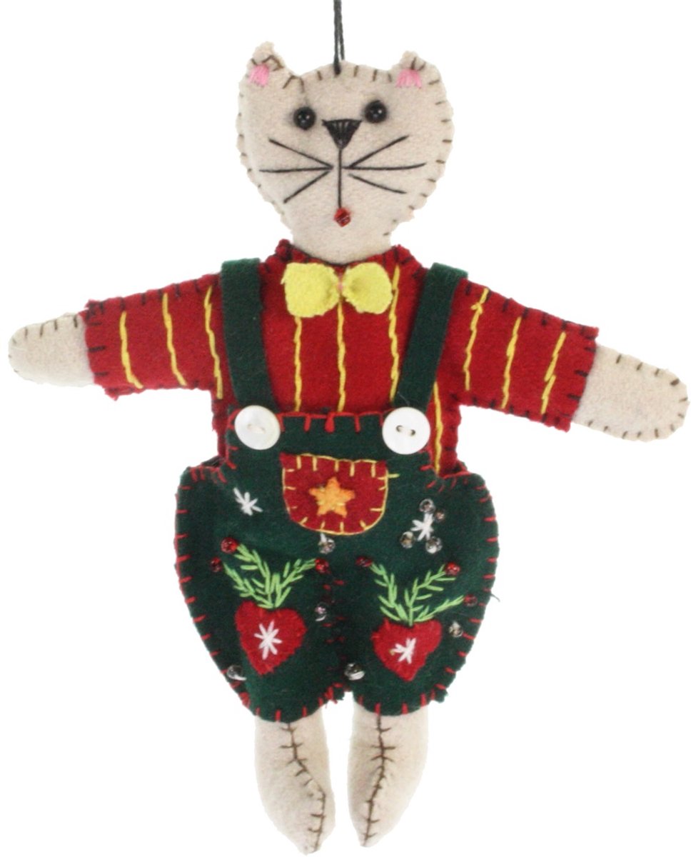 Kat met tuinbroek rood/ groen, vilt 14x2x15cm