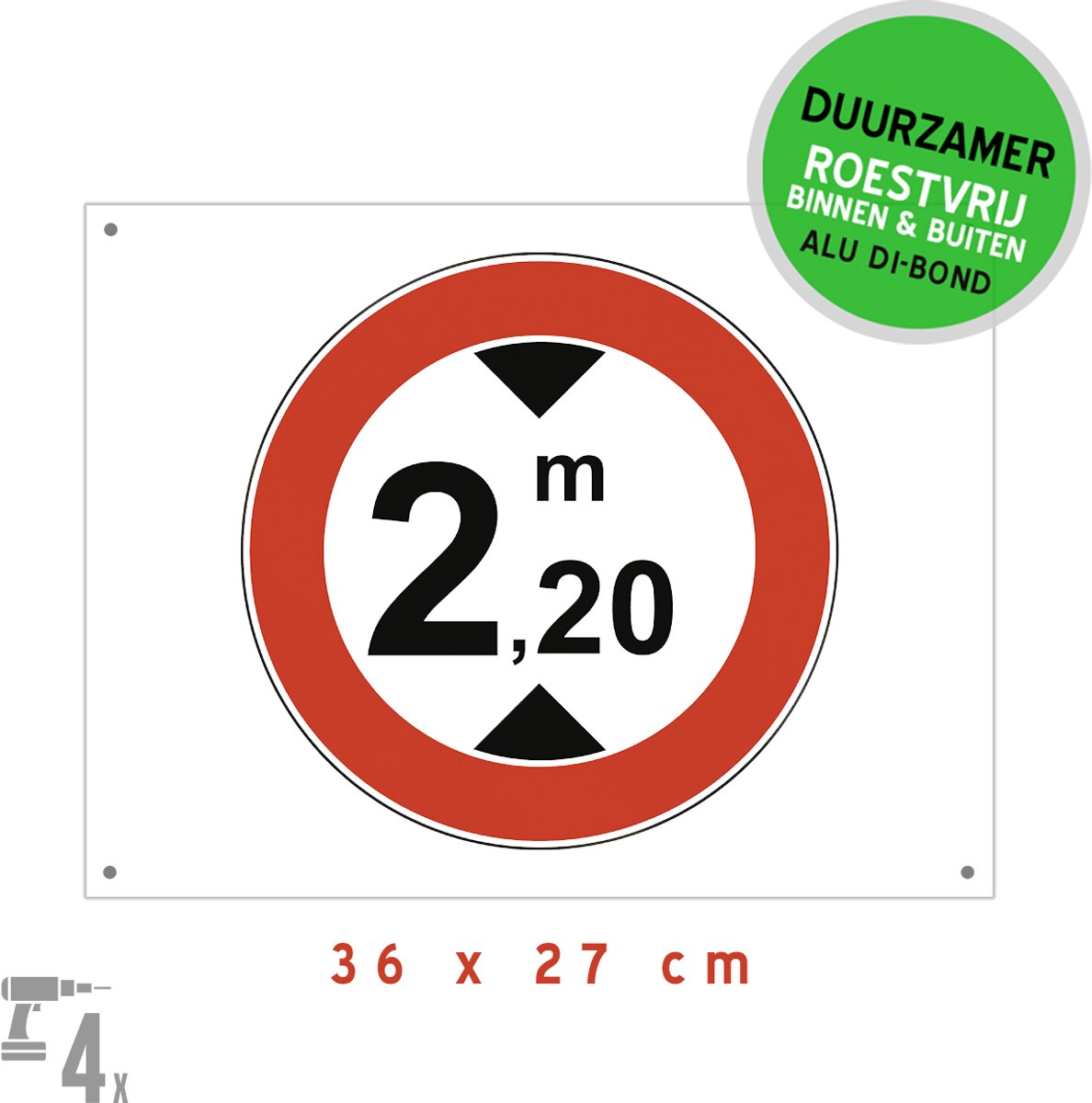 Pictogram/ bord Dibond + boorgaten | Hoogtebeperking 2,20 meter | 36 x 27 cm | Maximale doorrijhoogte | 220 cm | Let op | Inrit ondergrondse garage | Beperkte hoogte | Duurzaam | Parkeerplaats | wit/ rood | 1 stuk