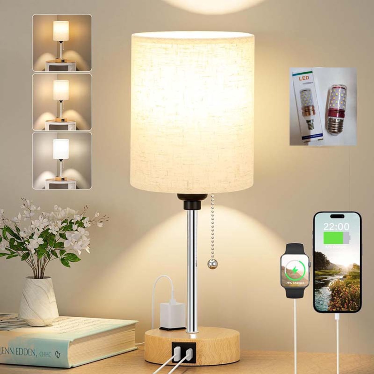 KZQ Bureaulamp met USB - LED nachtlampje instelbaar, compact design - Voor slaapkamer, kantoor, nachtkastje - Wit