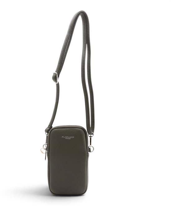 Kaki crossbody tasje van Flora & Co Parijs met lange schouderband en merklogo.