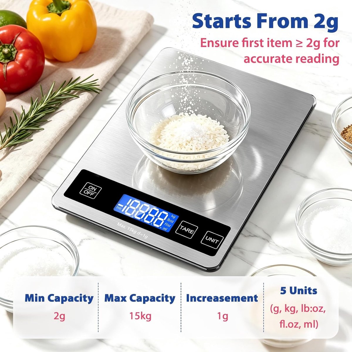 Digitale Keukenweegschaal - Roestvrij Staal - 15 kg - Nauwkeurige Huishoudelijke Weegschaal met Instelbare Automatische Uitschakeling - Voor Koken en Bakken
