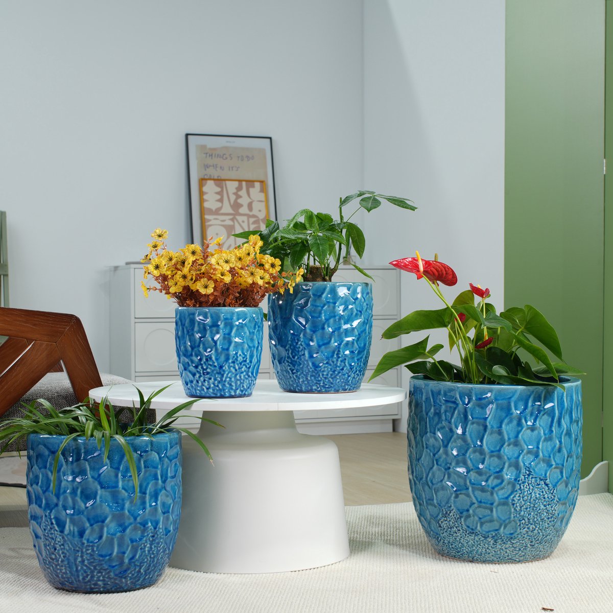 VVBV Bloempot 18x18x18 cm - Drainagegat, Hammerschlag-Relief, Handgemaakt, Hoogglans - Blauw, Keramiek