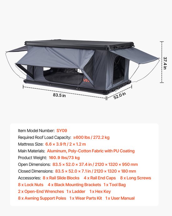 VEVOR Hard Shell Daktent voor 2-3 Personen, Aluminium Kampeertent met Driekleurige Led-Verlichting & 2 Ramen, Waterdicht & Winddicht, voor Jeep SUV Pick-Up 212 X 132 X 95 cm (Uitgeklapt) — afbeelding 5