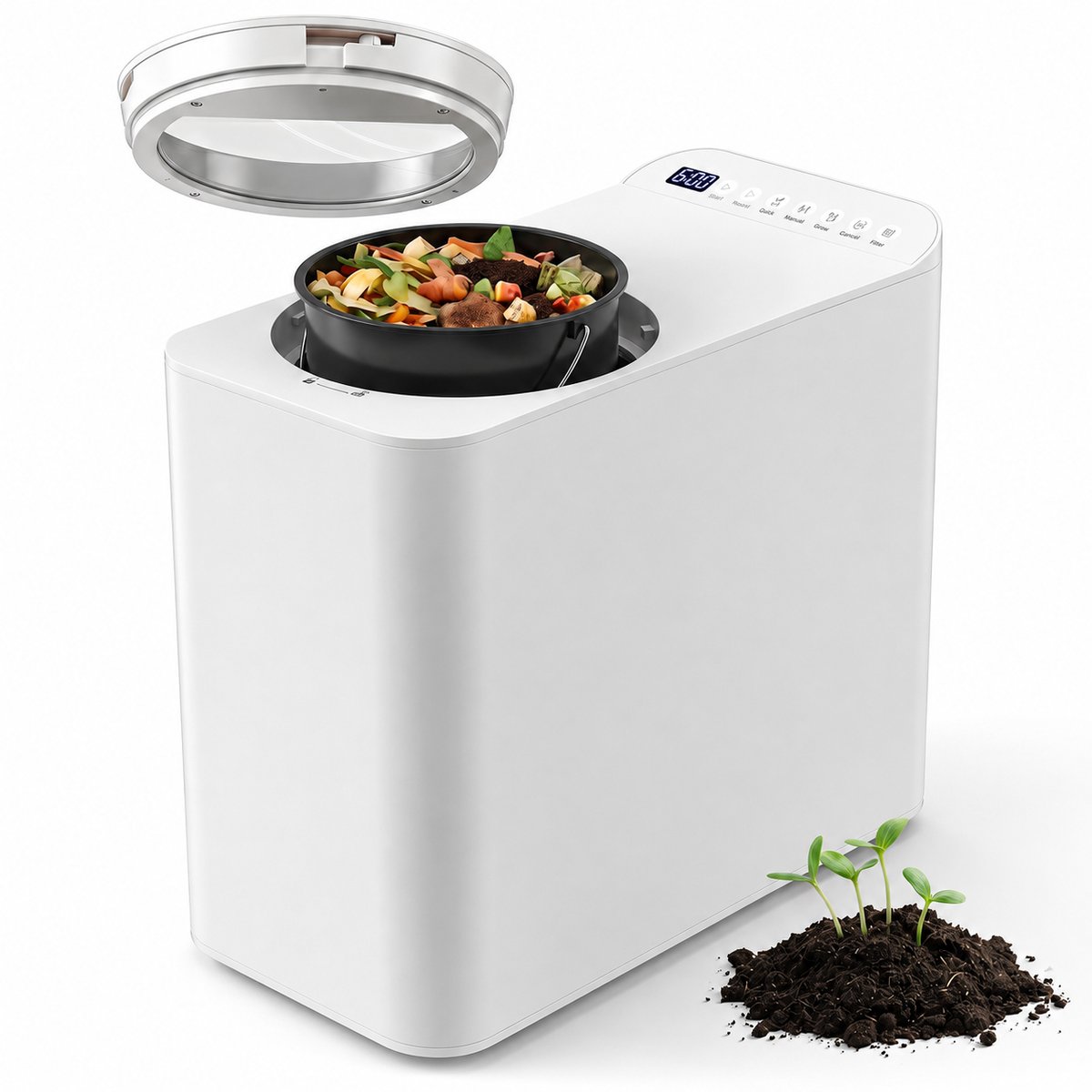 Elektrische Compostbak 3 L, Geurloos Keukencompostvat met 5 Modi, Actieve Koolfilter, 500 W, Kijkvenster, Wit