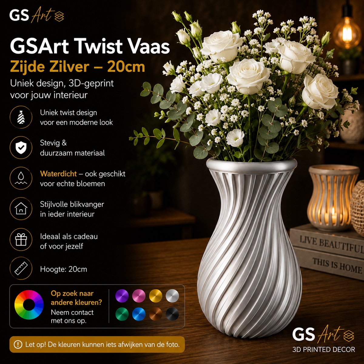 GSArt Twist Vaas 20 cm – Waterdichte 3D Geprinte Design Vaas - Zijde Zilver