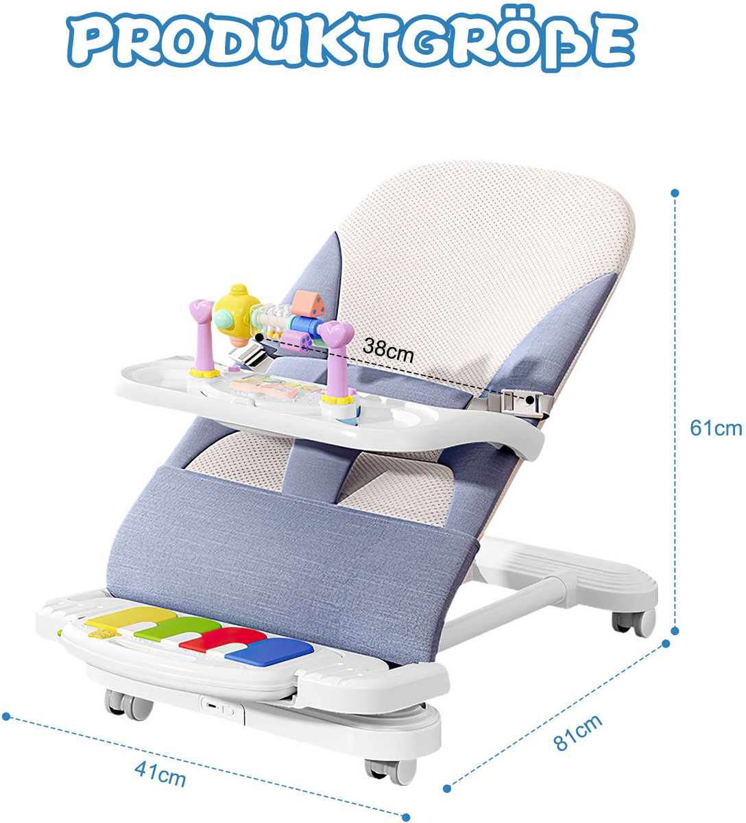 Baby schommelstoel-Comfortabele babyzitje-3 standen-Speelboog-Pianofunctie-Afneembaar dienblad-Zandblauw thumbnail 3