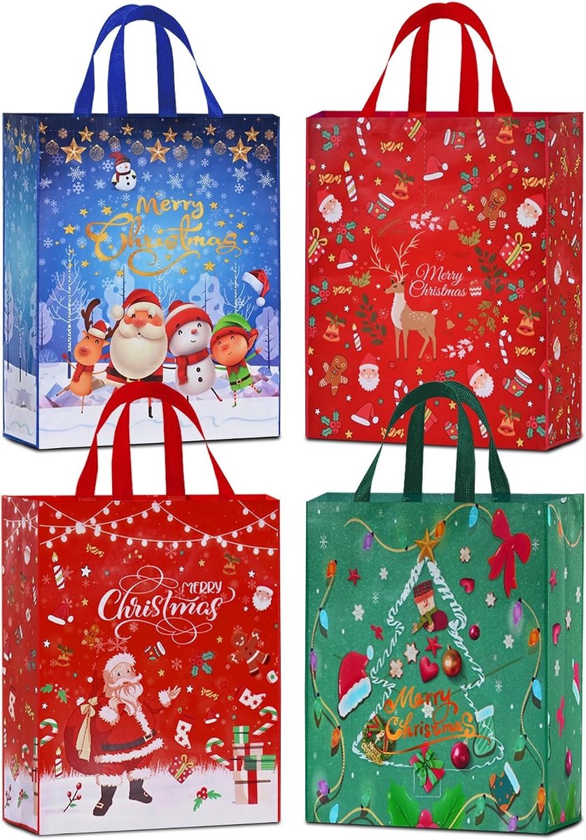 4 Stuks Extra Grote Kerst Cadeautassen, 50x40x16cm, Herbruikbare Niet-Geweven Tassen voor Kerstmis, Feestdecoraties en Cadeauverpakking