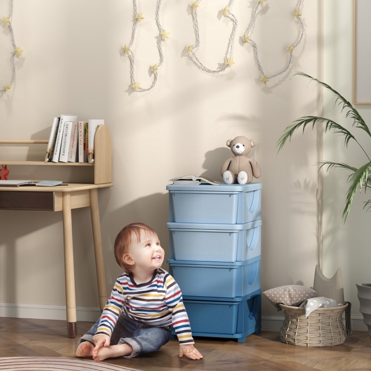REDOM - Ladekast voor kinderen - 4 uitneembare lades - afgeronde randen - met wielen - kunststof - Blauw - 37 x 37 x 76 cm