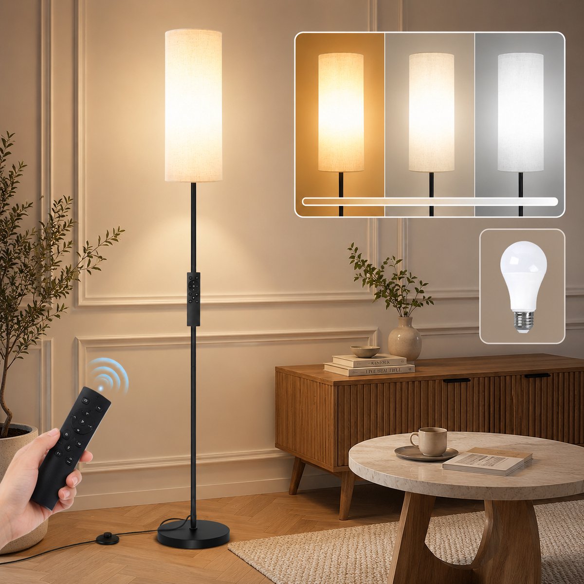 Lapamax Moderne Vloerlamp met Linnen Lampenkap –Staande Lamp met Magnetische Afstandsbediening – Dimbare Timer en Nachtmodus – Inclusief Lamp –Hoeklamp Voor Woonkamer, Slaapkamer en Kantoor