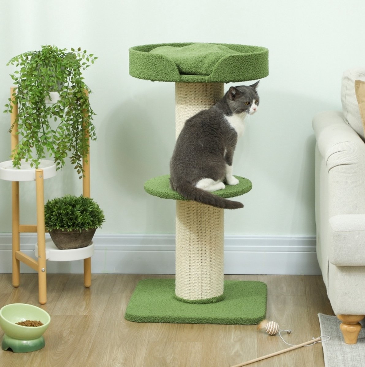 REDOM - Kattenkrabpaal met platformen - Sisal krabpaal - Kattenbed - Uitneembaar kussen - Polyester bekleding - Groen - 45 x 45 x 91 cm