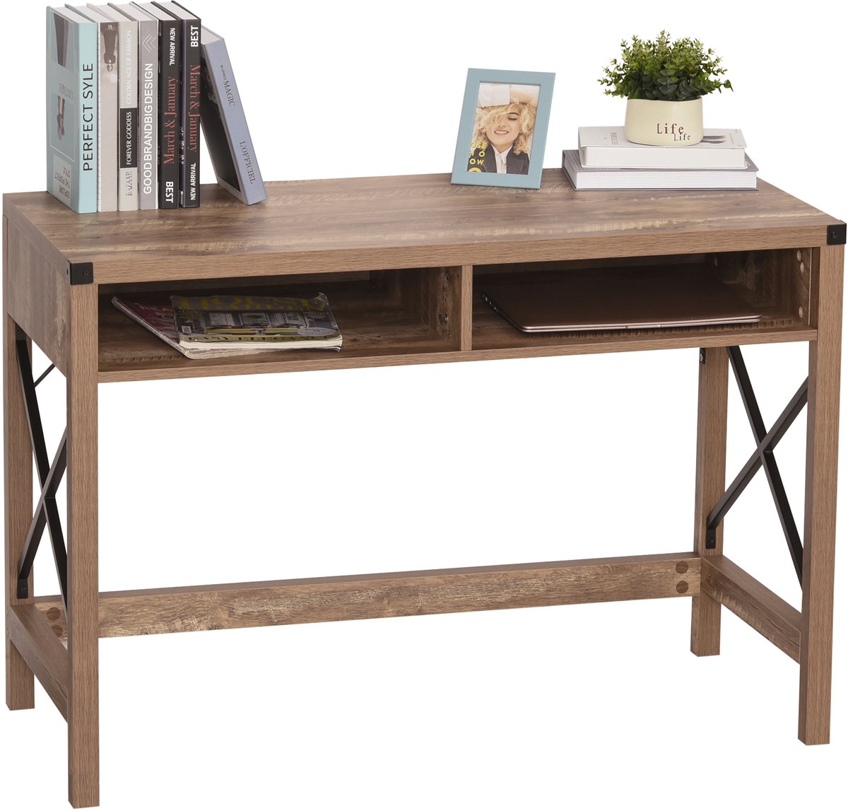 Bureau - Compacte Computertafel - Met 2 Opbergvakken - Metalen Frame - Bruin