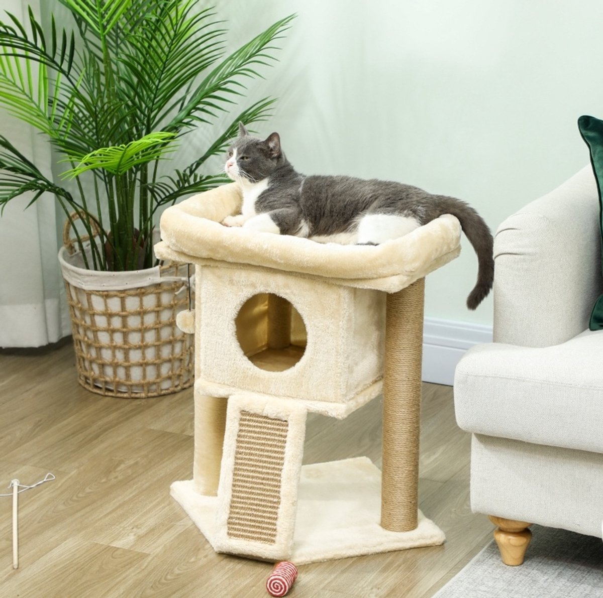 REDOM - Krabmeubel - Krabpaal met jute krabmat - Ligplatform en kattenhuis - Speelbal - Vrijstaand - Hout en pluche - Beige - 40 x 40 x 57 cm