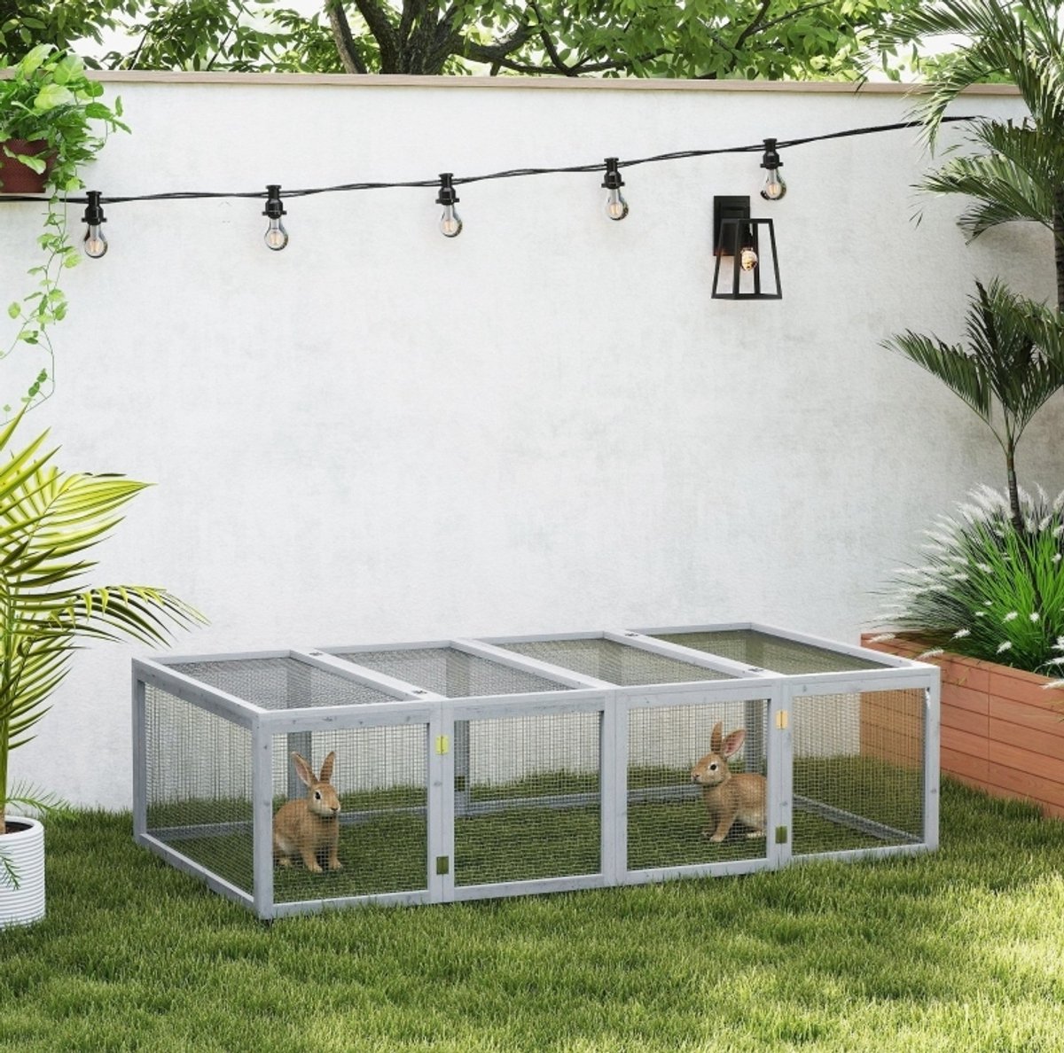 REDOM - Kleintierstall / Kleintiergehege - Robuust metalen gaas - Twee opklapbare deksels - Voor buitengebruik - Hout - Grijs - 181 x 100 x 48 cm