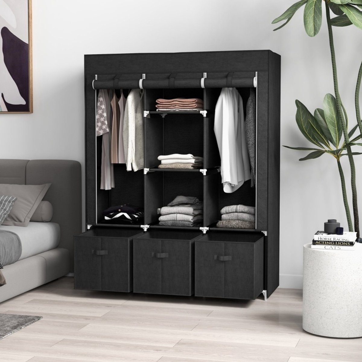 REDOM - Kledingkast - Opvouwbaar - Met 2 hangstangen, 5 legplanken en 3 lades - Stalen frame - Stofdichte ritsdeur - Zwart - 125 x 43 x 162,5 cm