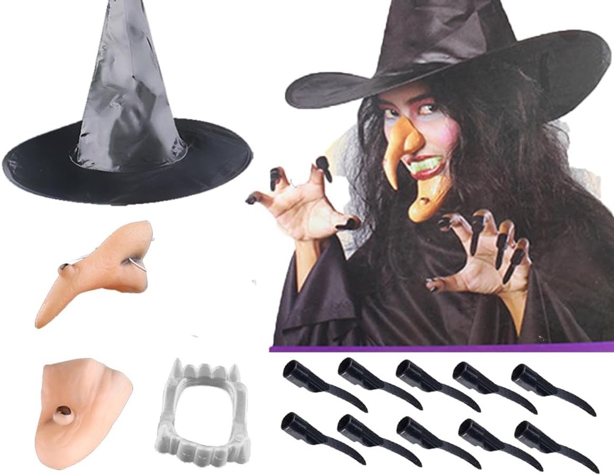 Volwassen Wolf Kostuum voor Feestjes en Halloween met Accessoires: Neus, Kin, Nagels, Tanden en Hoed