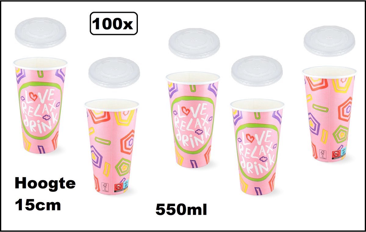 100x Milkshake beker Relax roze 550ml + 100x deksel - Karton - Drinken beker thema feest festival evenement fun diner milkshakebeker
