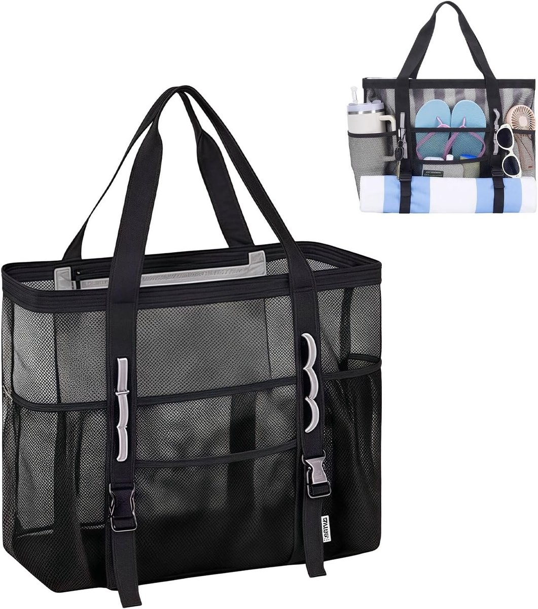 Grote Mesh Strandtas voor Vrouwen met Zijvakken voor Bekers, Ademend en Perfect voor Zwemmen, Strand en Vakantie