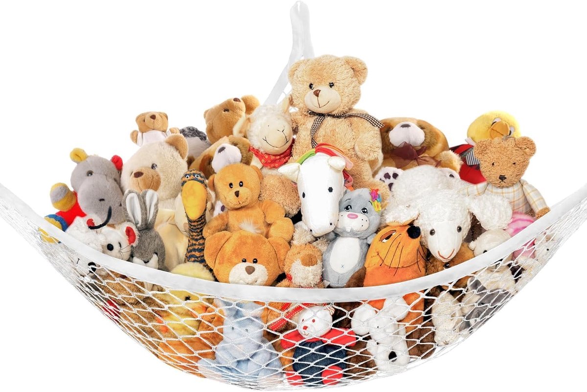 Famanu – Wit knuffelopbergnet, grote hangmat voor knuffeldieren en pluche dieren, speelgoednet voor kinderkamer en wandopslag