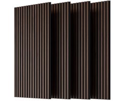 Houten lat akoestische wandpanelen‑set van 4 stuks‑voor wand en plafond‑3D geribbeld geluidsabsorberend paneel‑driezijdig volledig omhuld houtafwerking‑120cm x 60cm‑donker walnoot