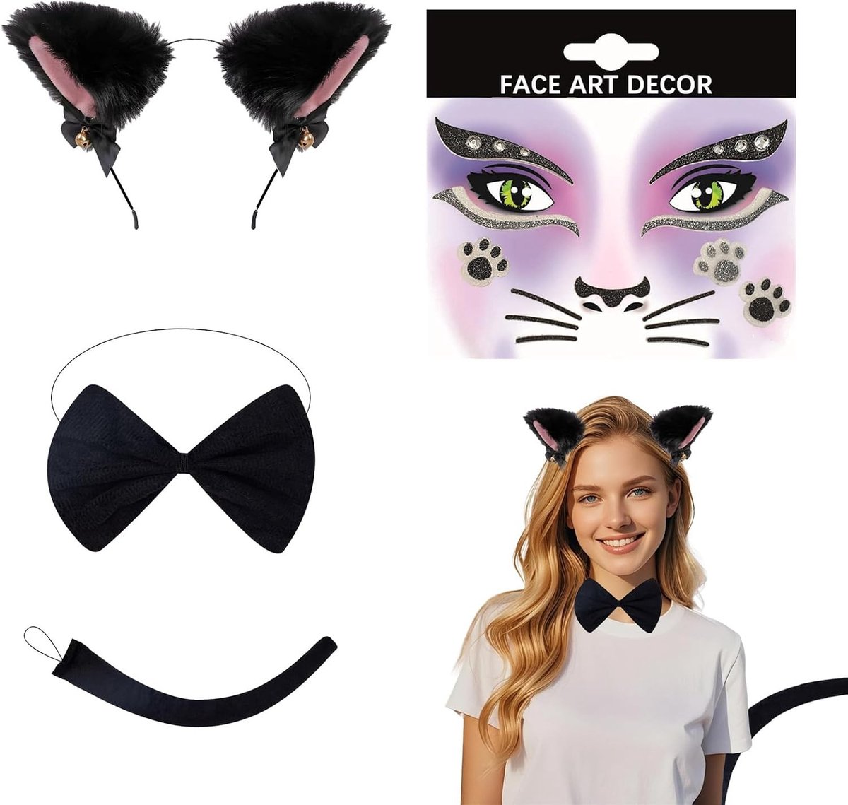 Compleet Gato Kostuum voor Meisjes – Inclusief Diadeem, Staart, Kraag en Oogstickers – Ideaal voor Halloween, Carnaval en Themapartijen