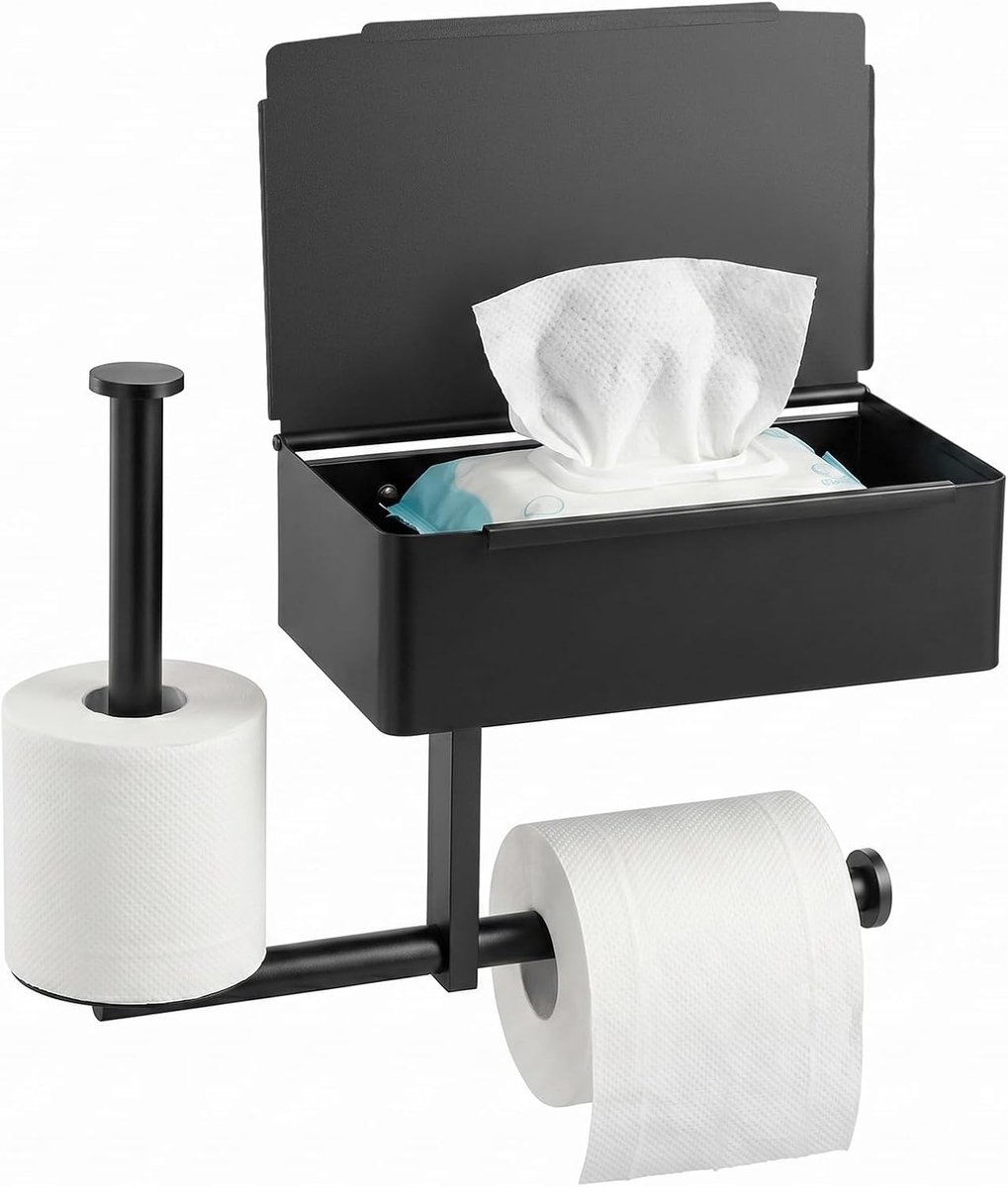 Zwarte multifunctionele wandpapierhouder met doos voor zakdoeken en dubbele toiletrolhouders, roestbestendige badkameropbergaccessoire voor tissues en toiletpapier