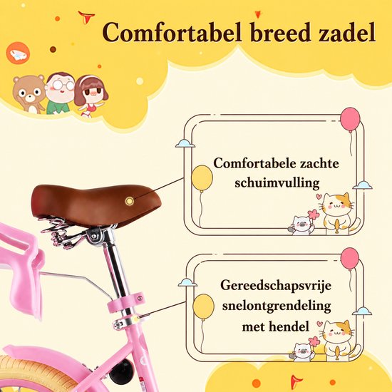 Vankel Kinderfiets voor Meisjes - 12/14/16 inch - Unicorn - 2-7 Jaar - Met Zijwieltjes, Mandje en Poppenzitje - Roze van VANKEL — afbeelding 3