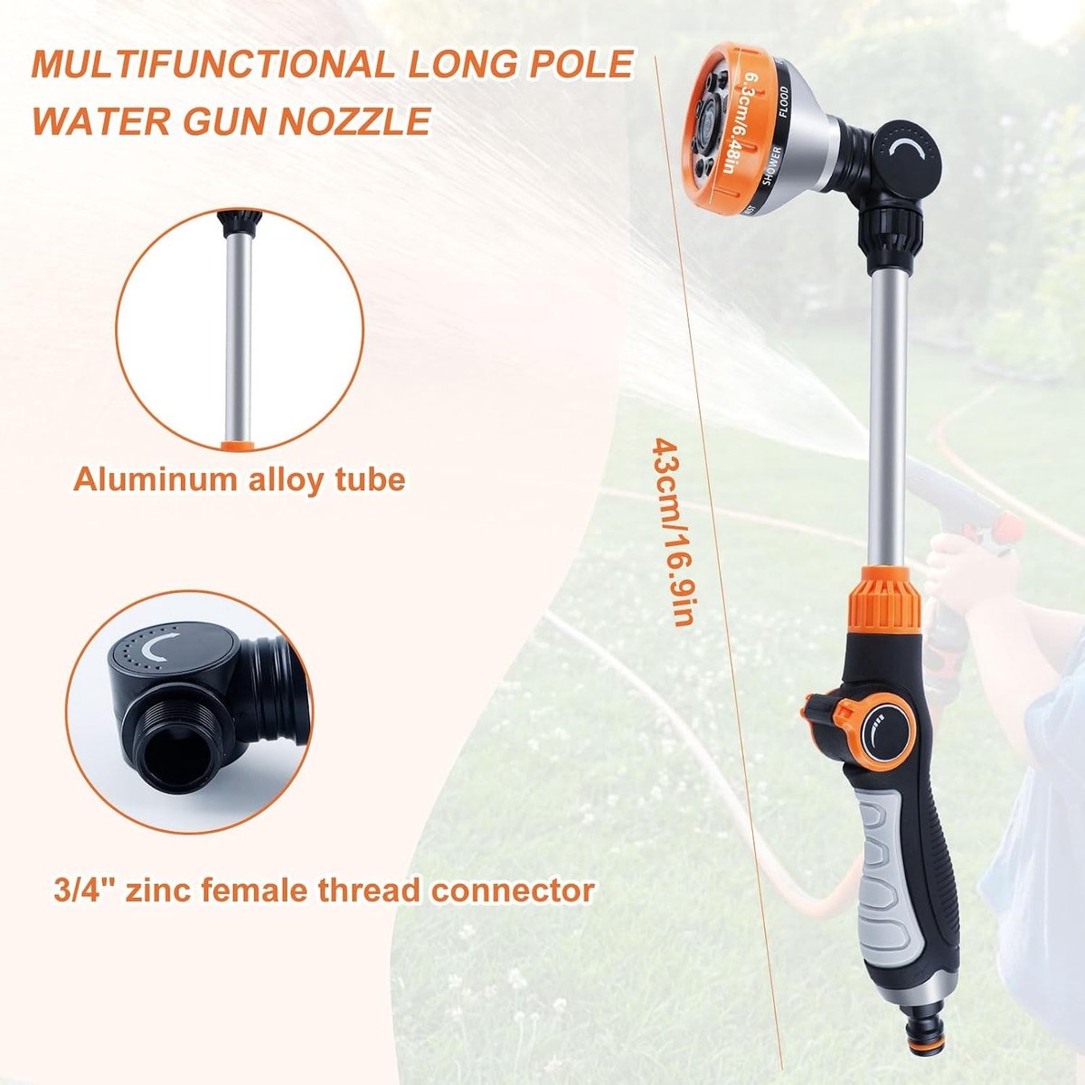 Tuinsproeier - Zwart/Oranje - 43 cm - Ergonomische Handdouche met 8 Sproeipatronen - Voor Tuinirrigatie