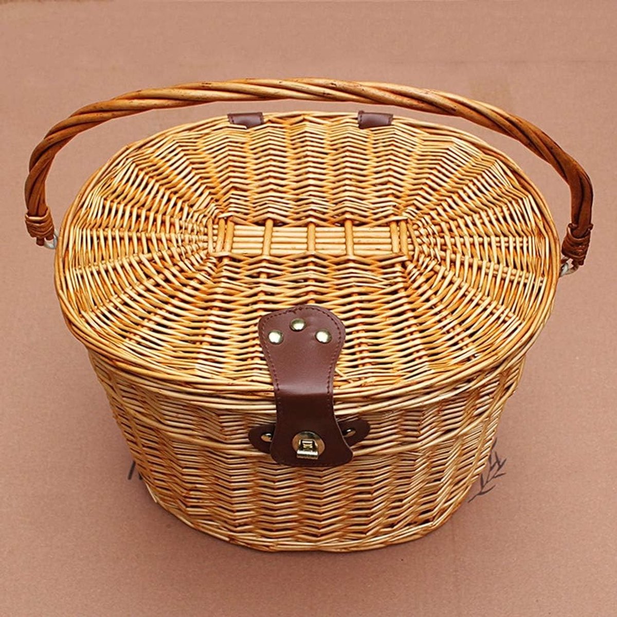Fietsmand - Retro - 33 x 25 x 24 x 14 cm - Wilgen Rieten Mand met Deksel en Riemen - Voor Volwassen Fietsen