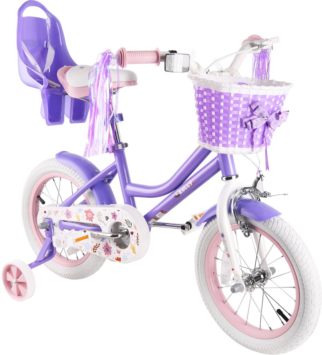 Vankel Meisjesfiets - 12/14/16 inch - Prinses Bloemendesign - Met Zijwieltjes, Roze Rieten Mand en Poppenzitje - Paars