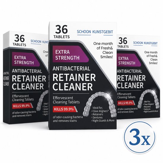 Drie verpakkingen met 36 reinigingstabletten voor kunstgebitten, aligners, retiners en beugels. De tekst '3x' staat in een cirkel.