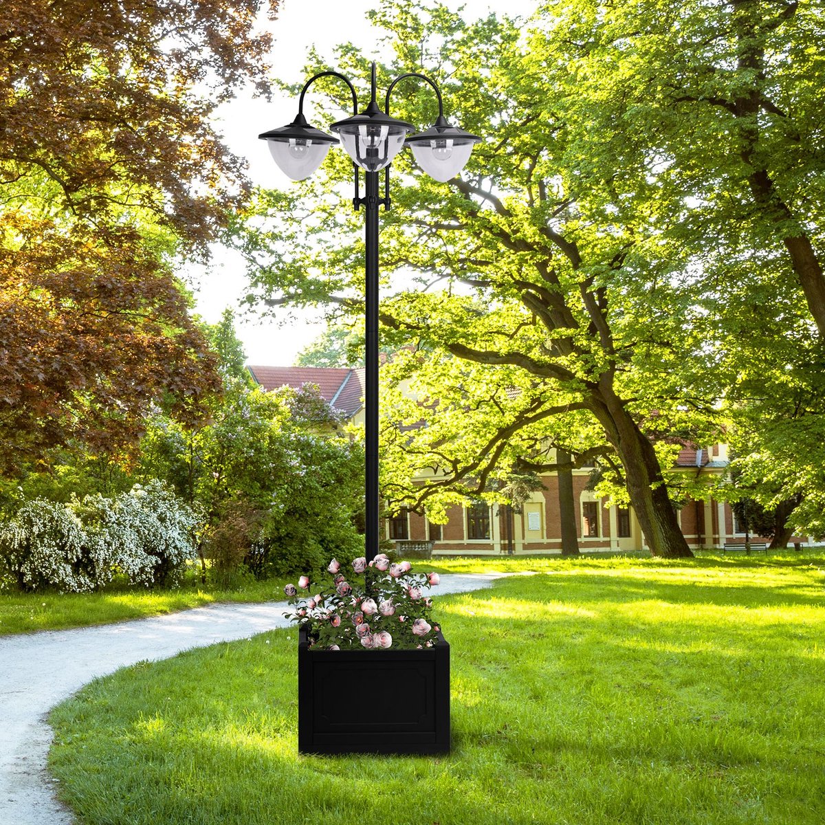 COVREO Lantaarnpaal 60x55x189 cm zwart metaal, 3 lampen en plantenbak