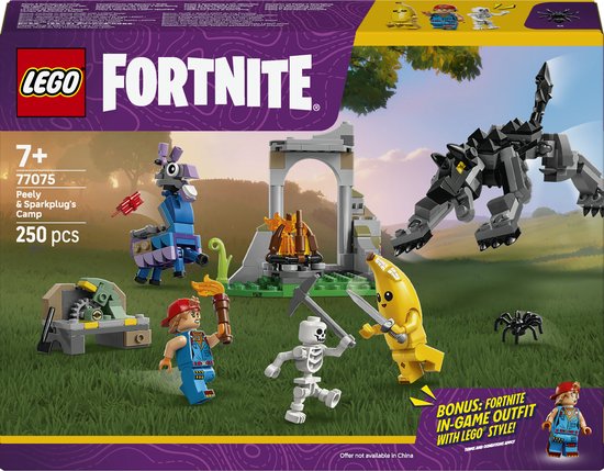 Set LEGO Fortnite avec Peely, un squelette, un lama bleu, un loup et un camp avec un feu de camp.