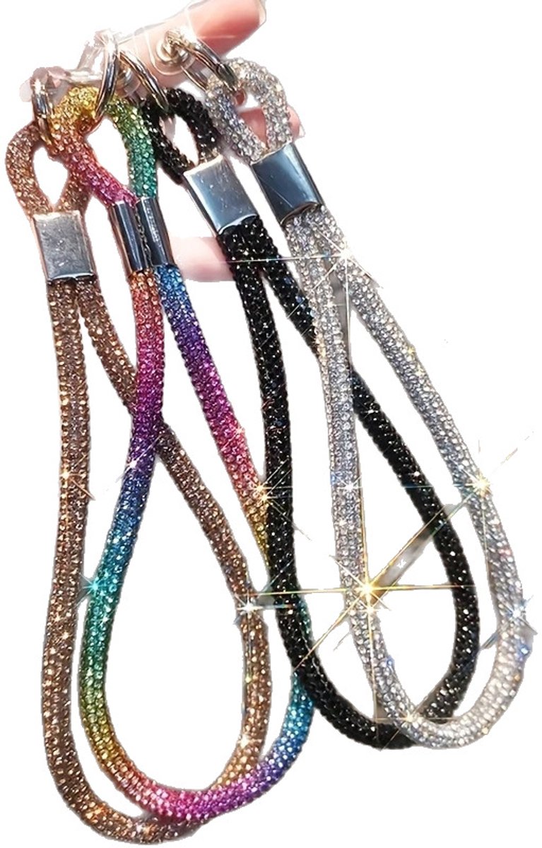 Telefoonkoord - Luxe Telefoonpolsbandje - 4 Stuks Korte Telefoonkoord - Met Bevestigingslipje - Glitter en Goud, Zilver, Zwart - Geschikt voor Vrouwen - Stijlvolle Telefoonaccessoires - Veilige en Stevige Bevestiging - 18 cm
