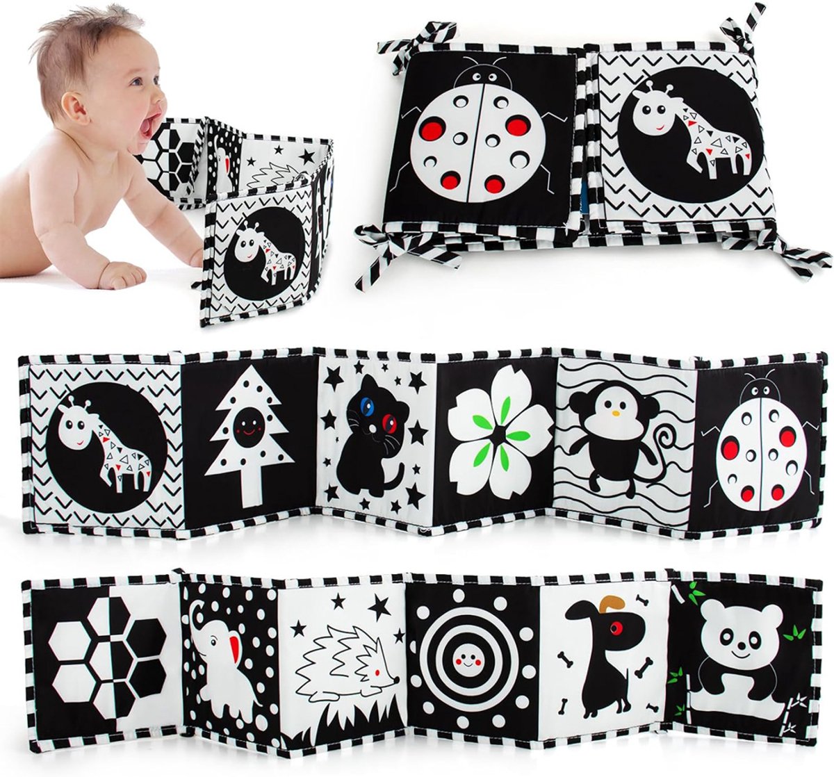 Zwart-wit babyboek, babyboek van zachte stof met hoog contrast voor pasgeborenen van 0-6-12 maanden, speelgoed voor buikligging, sensorisch speelgoed voor vroege educatie, cadeau voor jongens en meisjes, Lieveheersbeestje Stijl