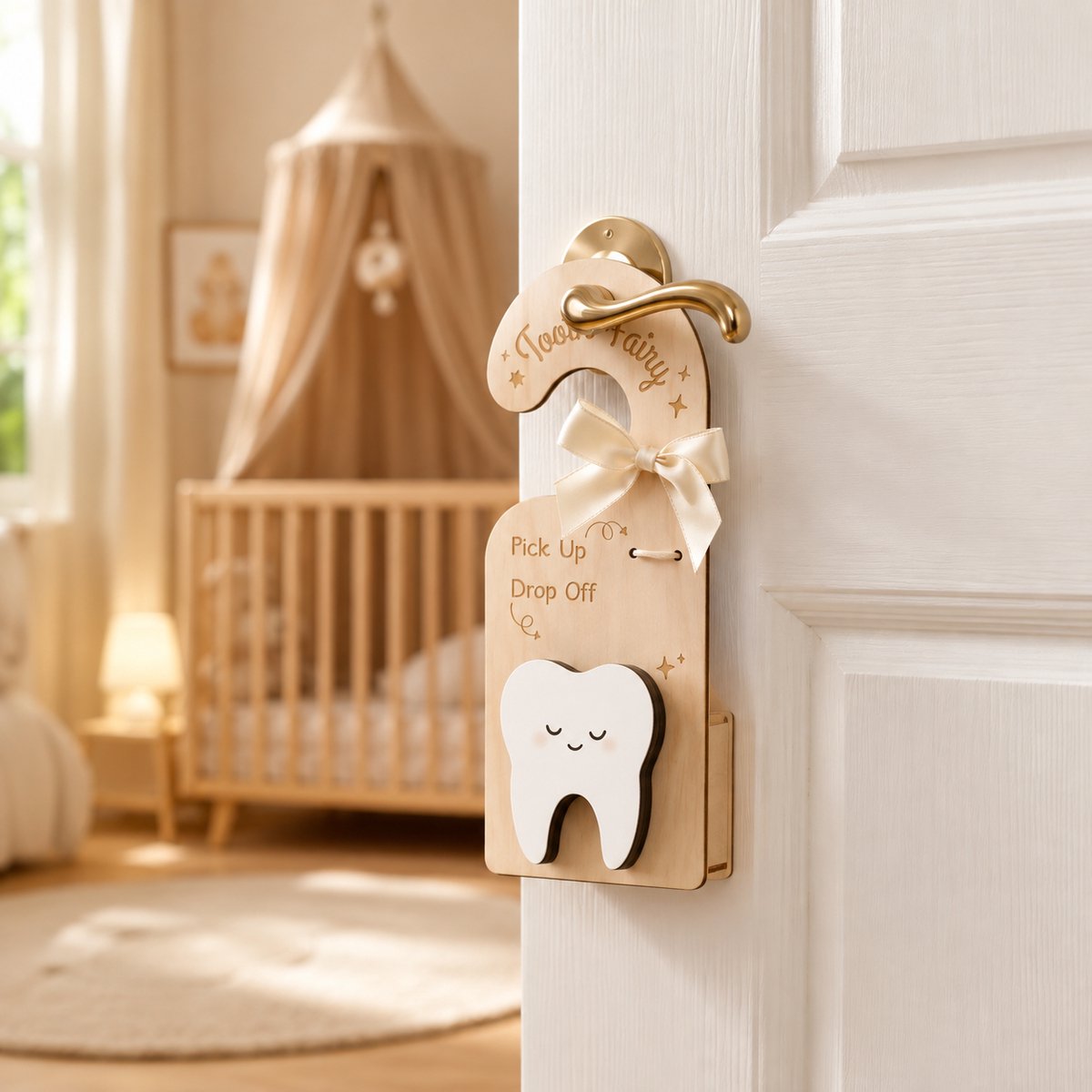 Lémara® – Tandenfee Deurhanger met Tandendoosje – Complete Tooth Fairy Set – Muntje, Flesje, Kaartjes & Zakje – Hout