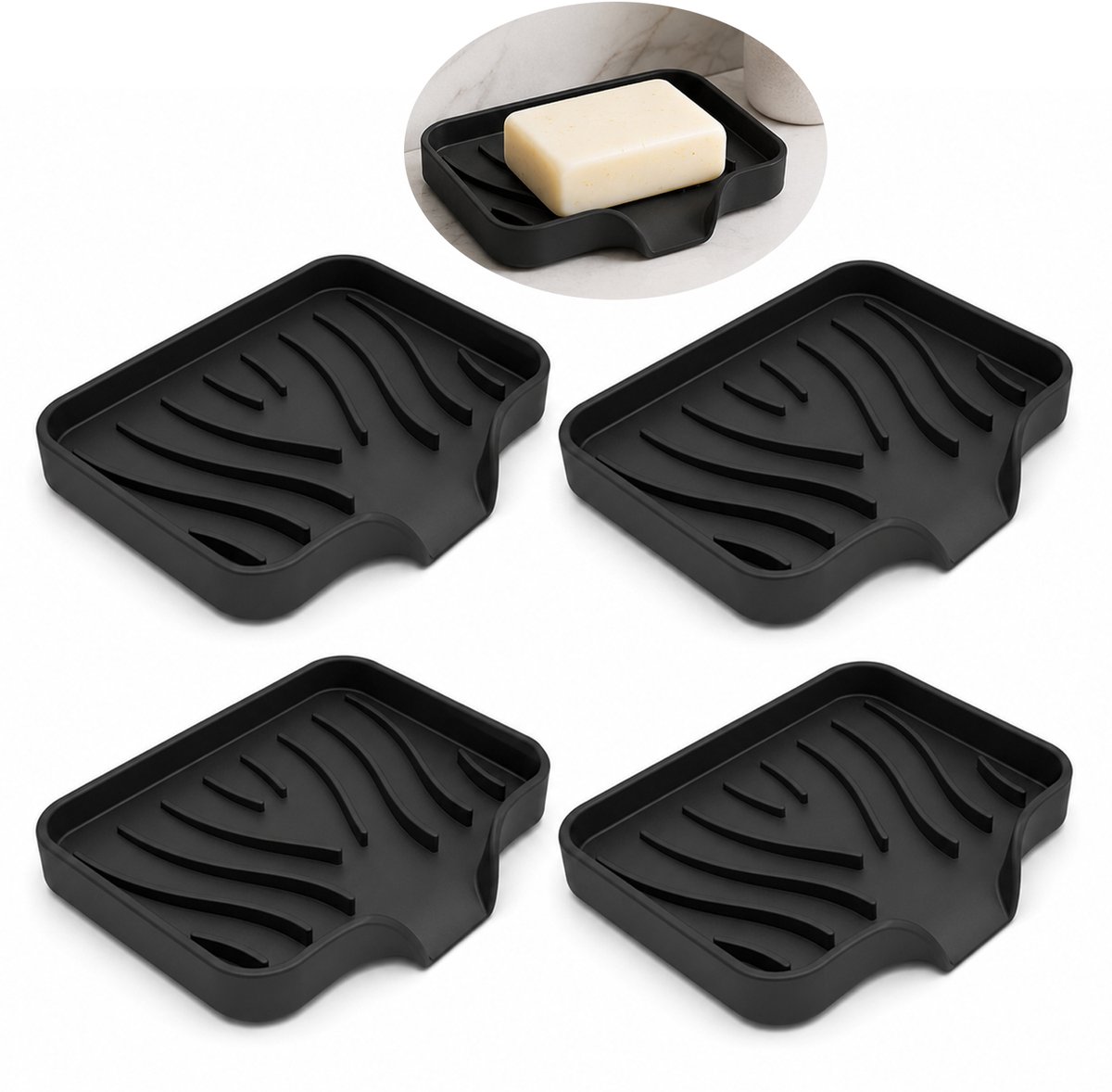 Zeepbakje - Zeepbakje met Afvoer - Badkamer Accessoires - Siliconen Zeepbakje - Zeepdoos - Douche / Badkamer / Keuken / Toilet - Zwart - 4 Stuks