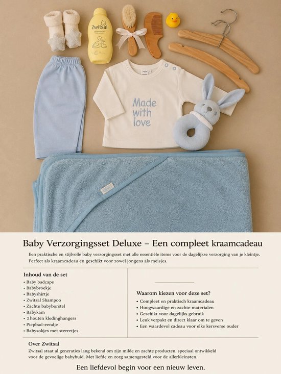 Kraamcadeau Blauw 12 stuks - Hawsaz.nl cadeau - Luxe Welkomstpakket - Geboortecadeau - babyshower - Babyset - Babykado - Babygeschenk - Babyverzorging Zwitsal - Babykleding - Badcape - Rammelaar - Houten Babykist Deluxe - Gepersonaliseerde — afbeelding 2