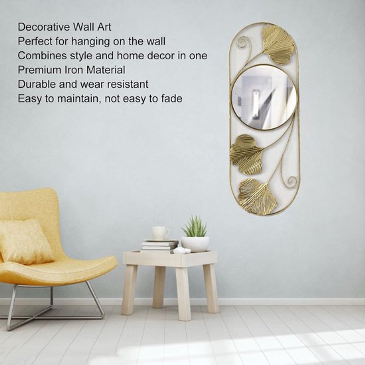 Moderne Ginkgo Blad Wandspiegel - Decoratie - Gouden Metaal - Bladeren Vorm - Woonkamer Slaapkamer - 45,6 x 16,7 x 1,5 cm
