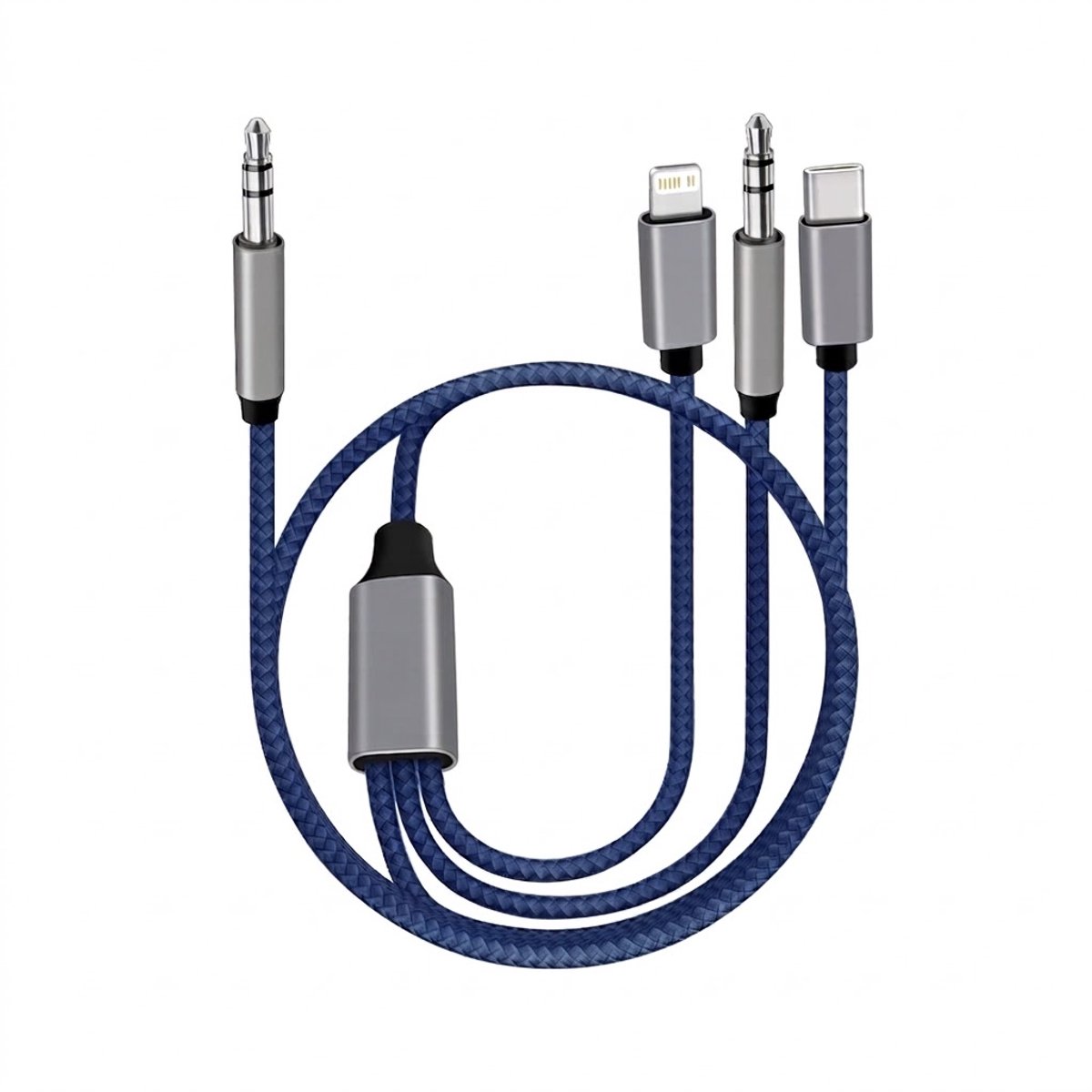AUX kabel 3-in-1 (1.2m) – USB-C, IPHONE , AUX – Blauw