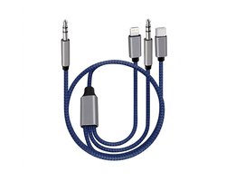 AUX kabel 3-in-1 (1.2m) – USB-C, IPHONE , AUX – Blauw