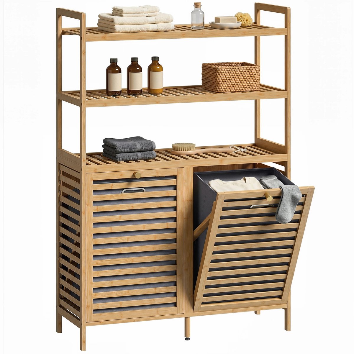 Bresht Wasmand kast - Waskast - Wasmand - Natuurlijk Bamboe - 3 Open opbergplanken - 2 wasmanden 38,7 Liter - 80 × 30 × 118 cm