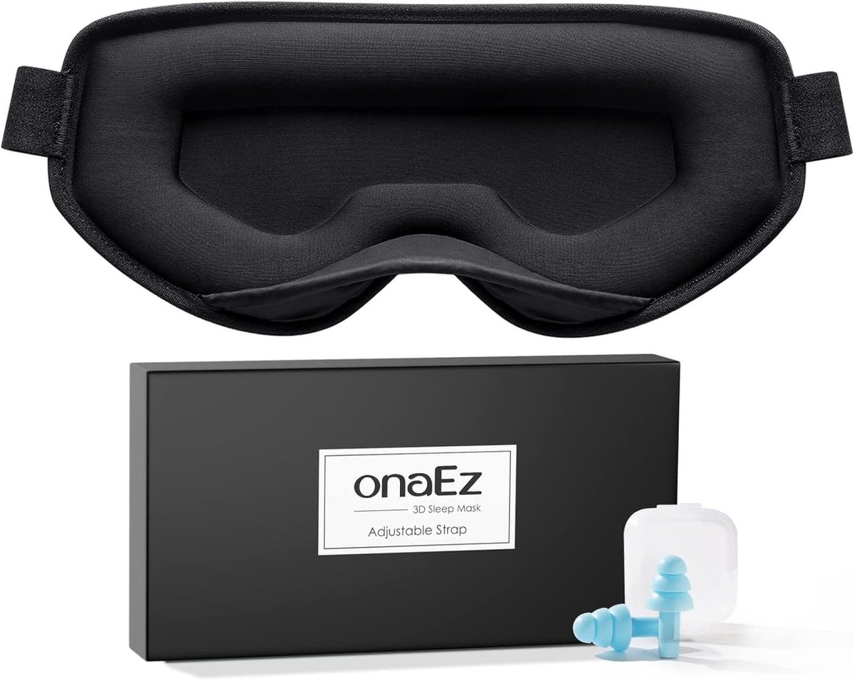 Slaapmasker voor dames en heren, licht, 3D-slaapmasker, weegt slechts 30 g, zachte ijszijdestof, totaal licht blokkerend oogmasker met oordopjes voor reizen, dutjes, zwart