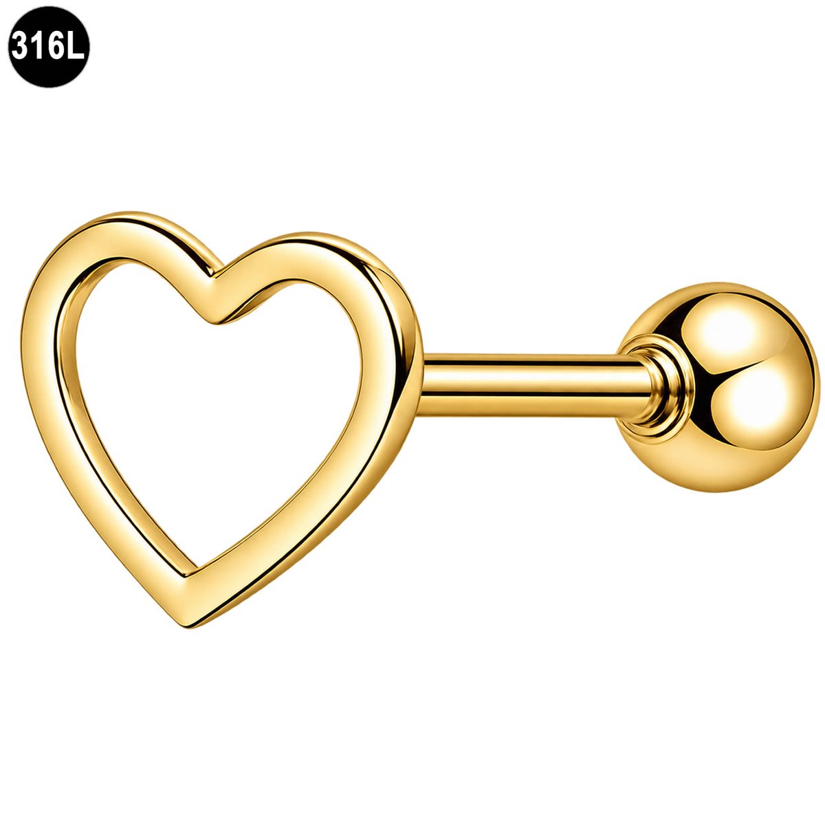 Helix Piercing Goudkleurig Hartje – 316L Chirurgisch Staal – 1.2 x 6 mm – Tragus Piercing – Oorpiercing - Kraakbeenpiercing