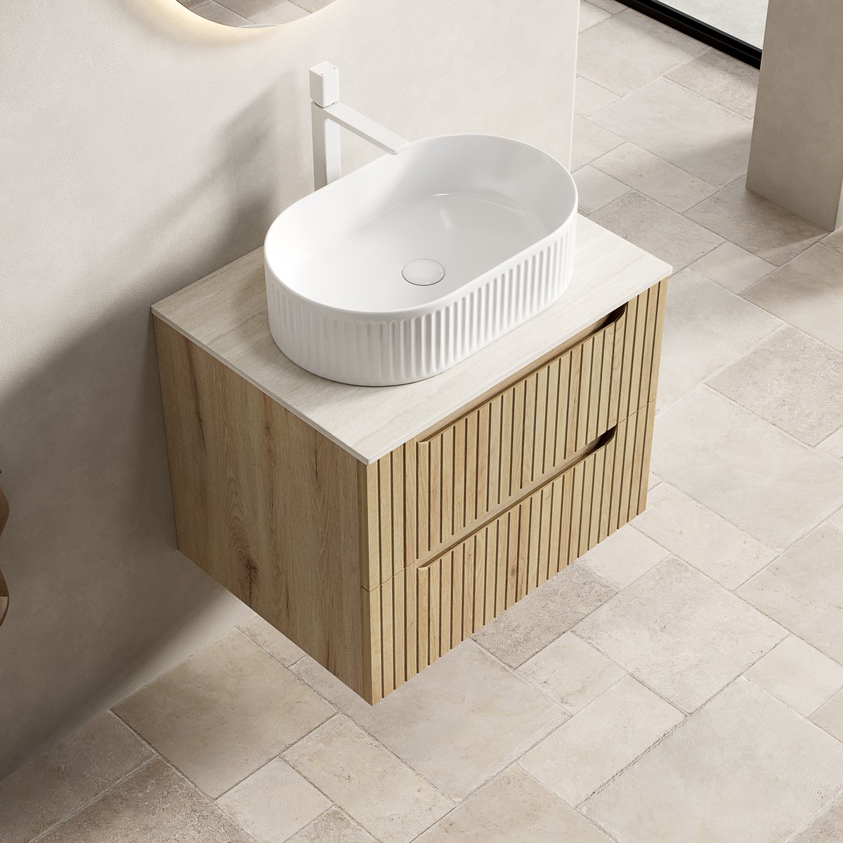 COVREO Badkamermeubel met wastafel 60 x 46 x 62,2 cm wit, white oak, 2 lades