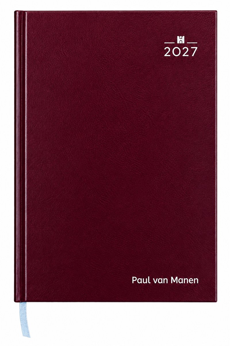 Bureau week agenda 2027 met (naam)opdruk - 1 week per 2 pagina's liggende indeling - formaat A5 - Nederlandstalig - Made in Italy - hardcover omslag bordo - bedrukt met naam of logo