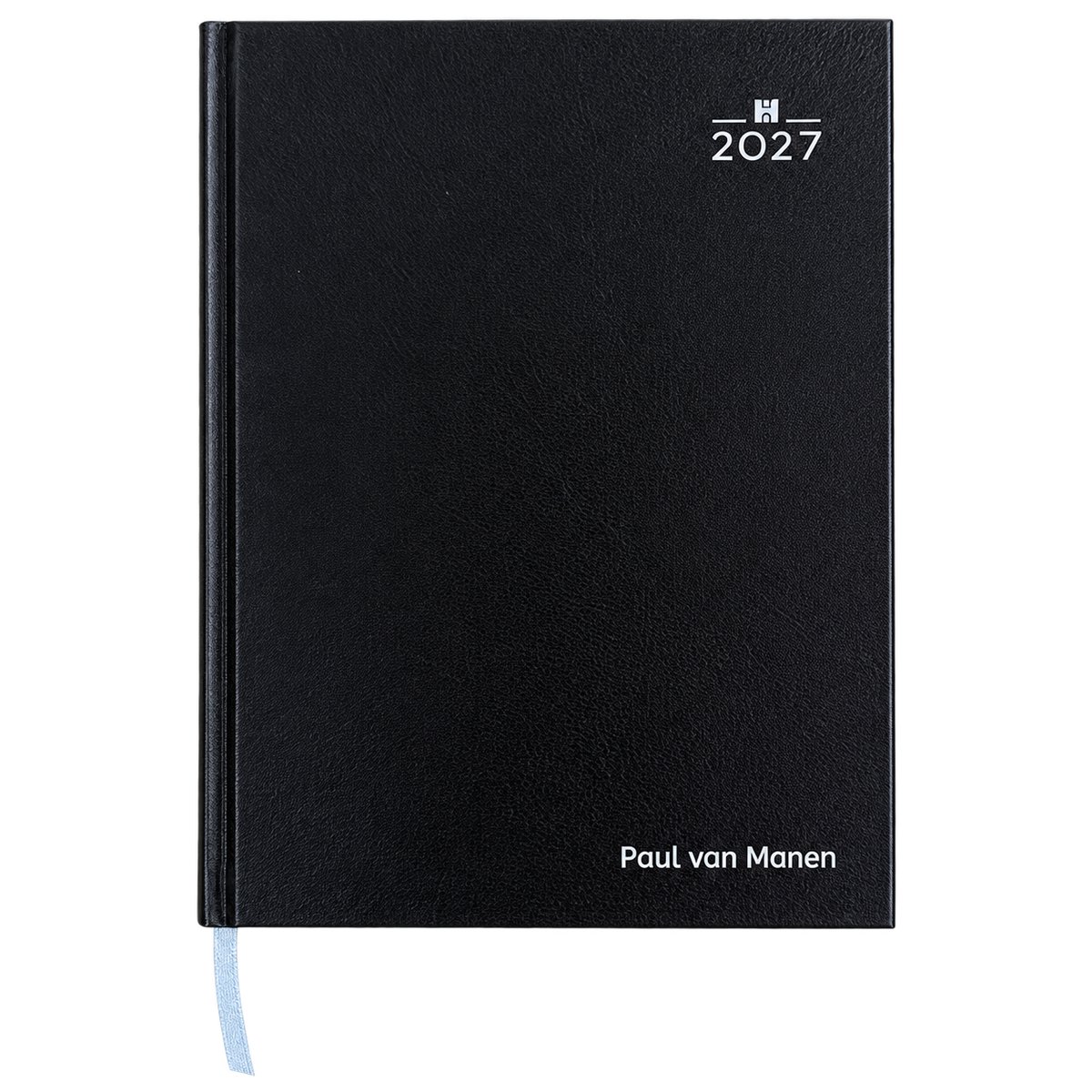 Bureau week agenda 2027 met (naam)opdruk - 1 week per 2 pagina's kolom indeling - formaat A5 - Nederlandstalig - Made in Italy - hardcover omslag zwart - bedrukt met naam of logo