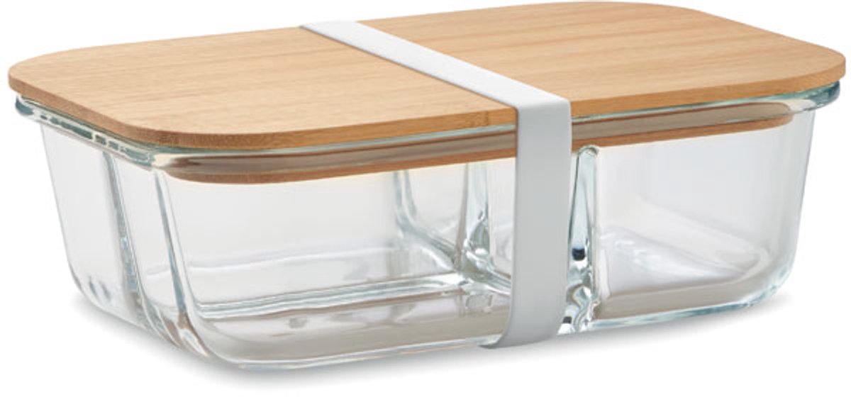 Lunchbox van borosilicaatglas met 3 compartimenten, bamboe deksel en siliconenband. Inhoud: 800 ml.