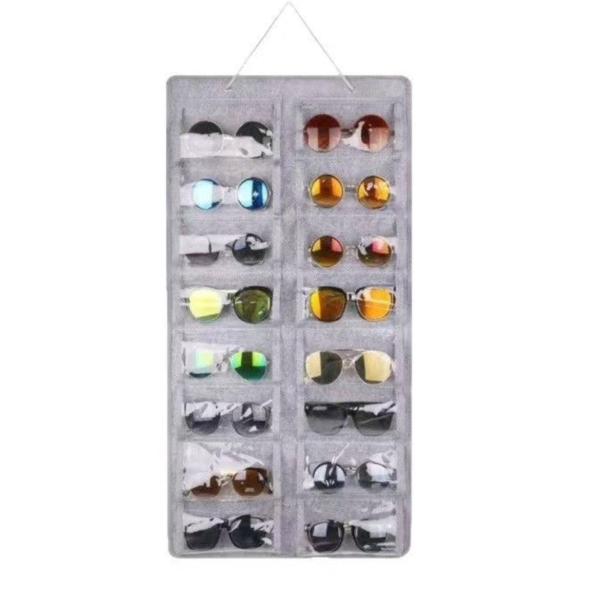 Zonnebril opvang doos, opgehangen stofdichte wand zak bril opvang doos - 16 felt slots zonnebril opvang houder met metalen haken en stevige touw (grijs, stofdicht)
